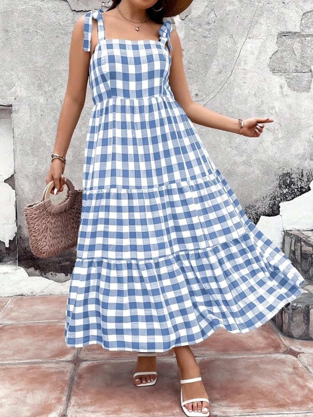 Blue and White Gingham Tiered Sundress Womens Size XL